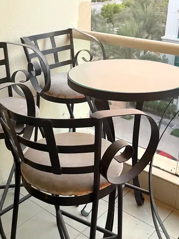 Garden set high metal table with glass top and four high metal chairs