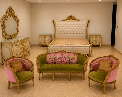 Luxury 2XL Home French-Style Sofa Set | 3-Seater + 2 Armchairs + Embroidered Cushions