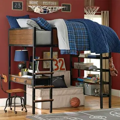 Loft Bed with Built-in Desk and Shelves — Wooden & Metal Frame