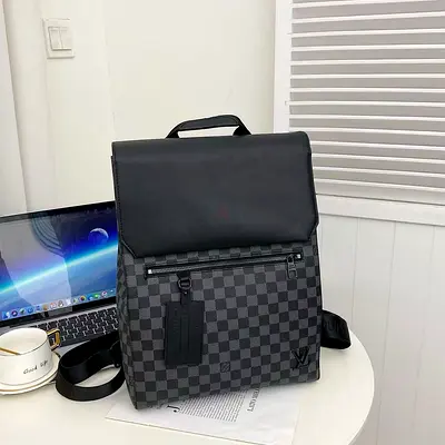 Lv Black Checkered Designer Backpack