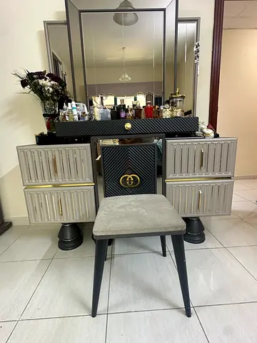 Modern golden Grey and Black Vanity Table with Large Mirror and Stool