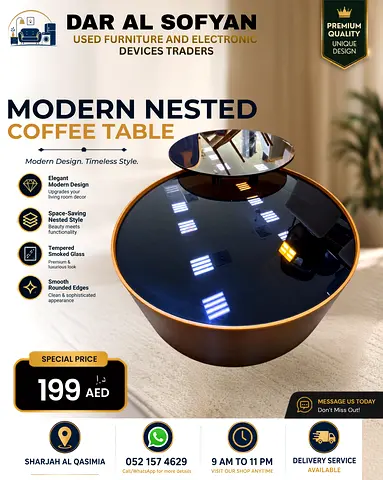 Modern Nested Coffee Table Set | Tempered Smoked Glass & Wooden Base | Luxury Living Room Table