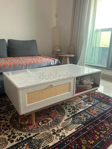 Modern White Coffee Table with Rattan Detail