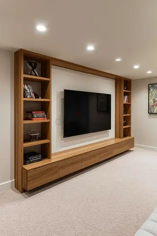 Custom Walnut Wall-Mounted Entertainment Unit with Shelving and Drawers