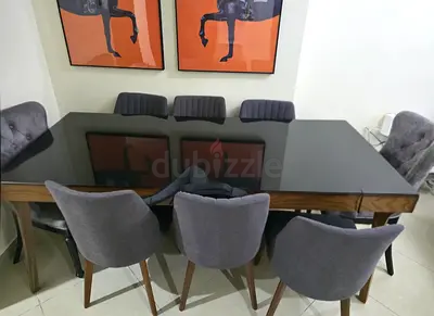 Wooden Dining Table Having Glass Top with 4 Grey Fabric Chairs Excellent Condition