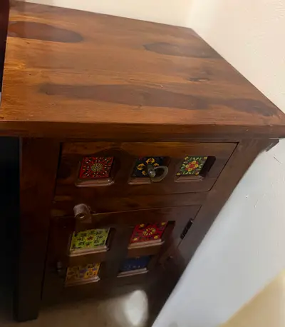 Solid Wood Bedside Cabinet with Hand-Painted Tile Insets