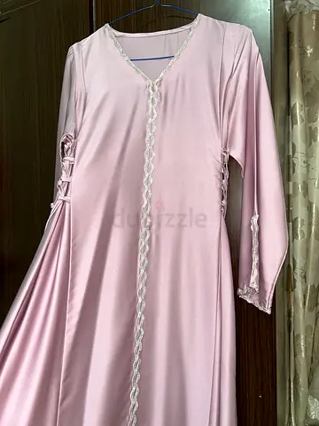 Light Pink Modest Long Dress / Abaya with Lace Trim