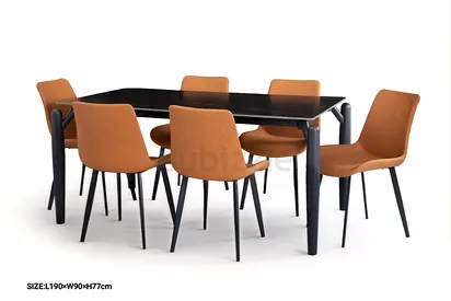 Modern 6-Seater Dining Table with Cushioned Chairs - Black Table, Brown Fabric