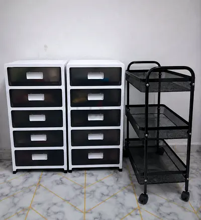 3-tier Metal Utility Trolley on Wheels + Set of Plastic Storage Drawers (2x 5-drawer)