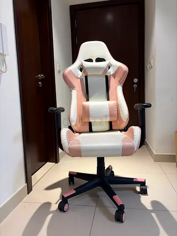 Pink and White Gaming/Office Chair with Headrest and Lumbar Pillow