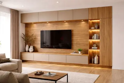 Modern wall-mounted entertainment unit with built-in shelving and LED lighting