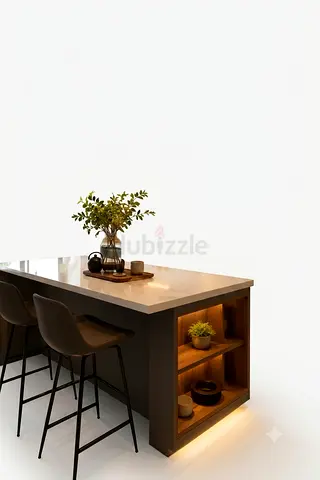 Modern kitchen island with built-in shelving and LED lighting