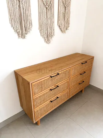 Wooden 6-Drawer Dresser with Woven Fronts - Light Oak