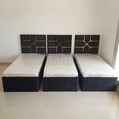 Set of 3 Single Beds with Headboards - Dark Upholstery, Like New