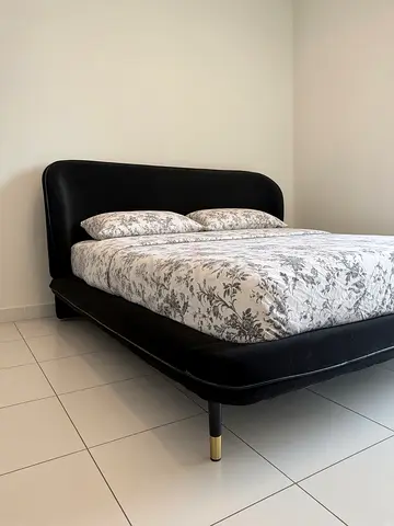 Modern black upholstered queen bed with brass legs + mattress (180-200cm)