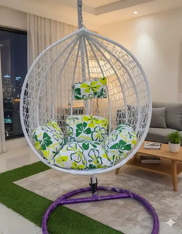 White Rattan Hanging Egg Chair with Stand and Cushions