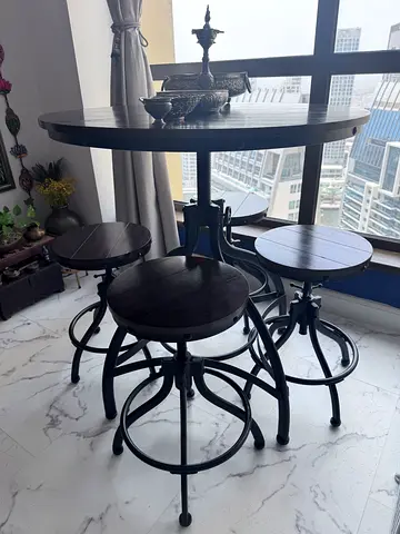 Set of 4 Round Wooden Bistro Tables with Metal Curved Bases. Adjustable Table and Stools.