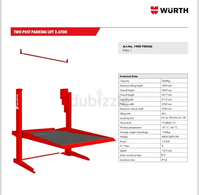 8 sets: Würth 2-Post Parking Car Lift 2.6 ton