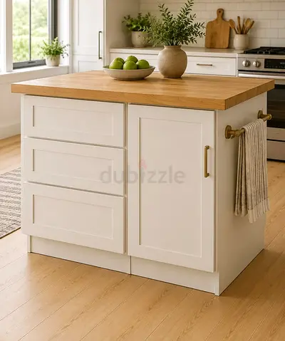 White Kitchen Island with Wooden Top and Drawers