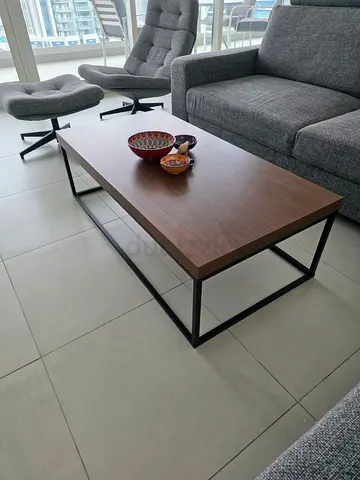 Modern Walnut Finish Coffee Table with Black Metal Base