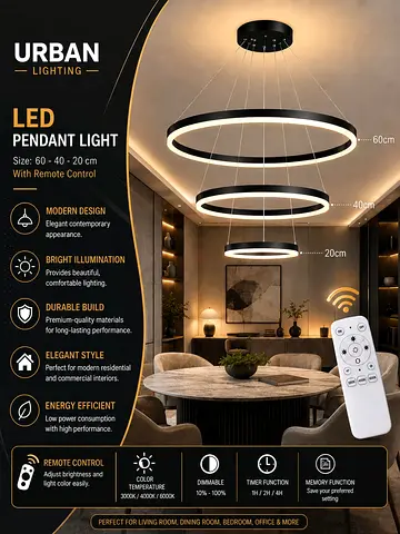 Modern LED 3-Ring Pendant Light with Remote — Black Finish