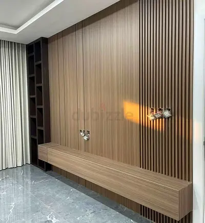 Wall-mounted wood panel TV unit with floating console and shelving