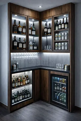 L-shaped Wooden Home Bar Cabinet with Glass Doors