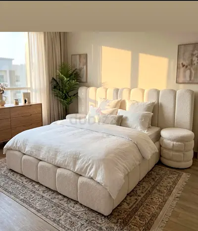 Modern Boucle Upholstered Bed with Two Side Tables