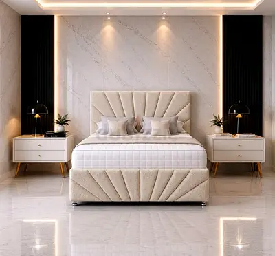 Modern Upholstered Bed Frame with Sunburst Headboard and Mattress