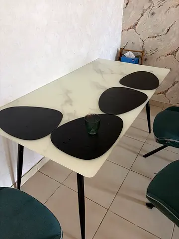 White marble-effect dining table with black legs - good condition