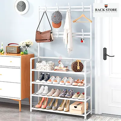 CLOTH AND COAT HANGER, SHOE RACK, 4 TIER MULTIFUNCTIONAL STORAGE ORGANIZER, FLOOR RACK - Image 1 Cli