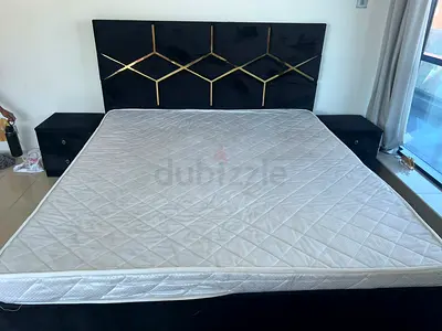 Queen bed frame with mattress and 2 matching bedside tables