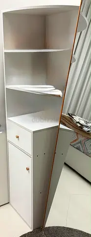 White Corner Shelf Unit with Cabinet and Drawer