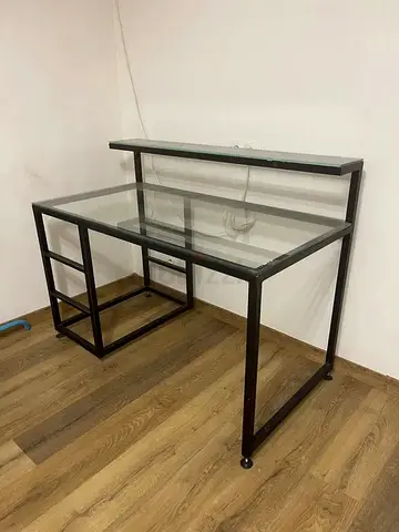 Glass Top Computer Desk with Raised Shelf - Metal Frame