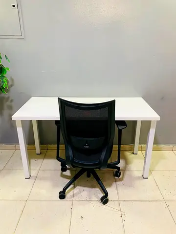 Simple white office desk with ergonomic mesh chair - good condition