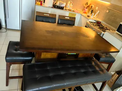 Solid Wood Dining Table with Leather Bench and Stools - 6 Seater