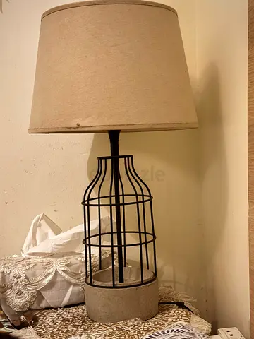 Industrial cage table lamp with fabric shade - beige/black, good condition