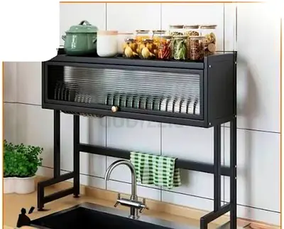 Over-sink Kitchen Cabinet Shelf — Metal Storage Rack with Sliding Door