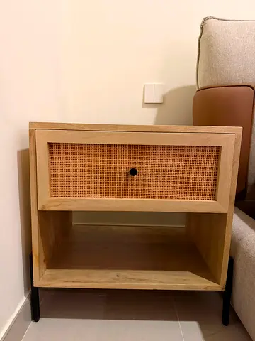 Boho Modern Wooden Nightstand / Bedside Table with Rattan Drawer & Open Shelf (Natural Oak)
