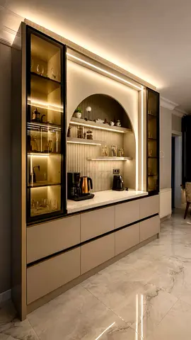 Built-in illuminated bar cabinet with display shelves and storage