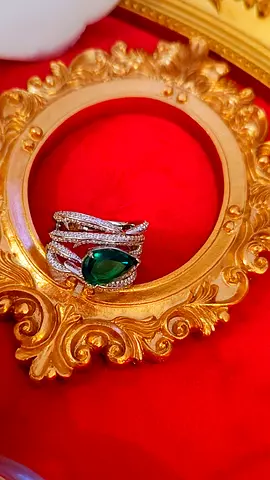 Silver Ring with Pear-Shaped Green Gem and Pavé Stones