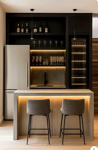 Compact modern kitchenette with breakfast bar and wine storage