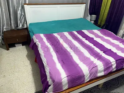 King size wooden bed frame with headboard and 2 bedside table - used