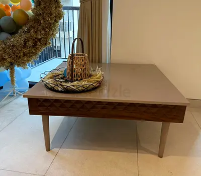 Square modern coffee table with geometric wood trim - good condition