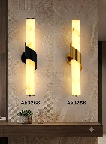 Pair of Modern Wall Sconces - Marble Tube with Metal Ribbon Accent
