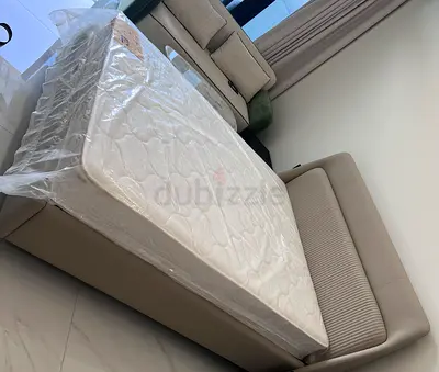 Queen size bed frame with new mattress - light beige, modern design