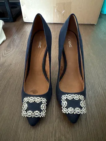 Dark blue NEXT brand pointed flats with jeweled buckle, 38.5