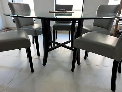 Amazing Crate and Barrel Halo Dining Set Glass Table with six Lowe Leather Chairs
All in excellent