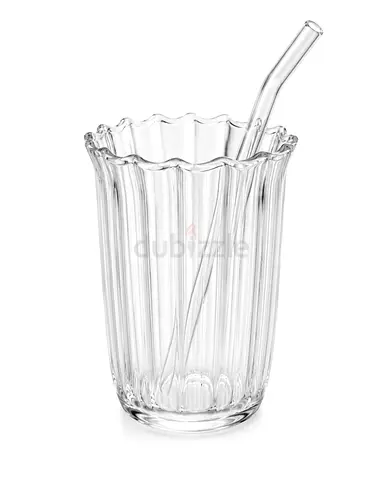 Ribbed Glass Cup with Glass Straw