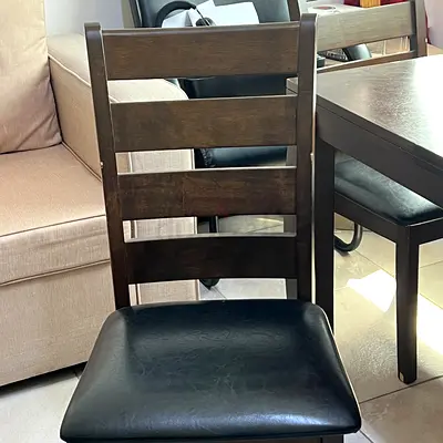 Dark wood dining chair with black faux leather seat - 6 numbers dining table wooden